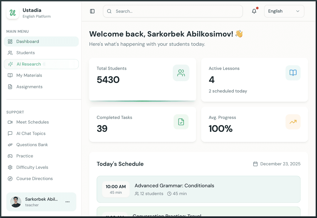 Ustadia teacher dashboard